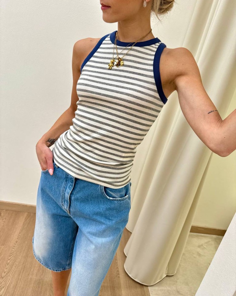 Canotta vogatore righe grigie bordo blu Vicolo Shop Online Canotta vogatore righe grigie bordo blu Vicolo