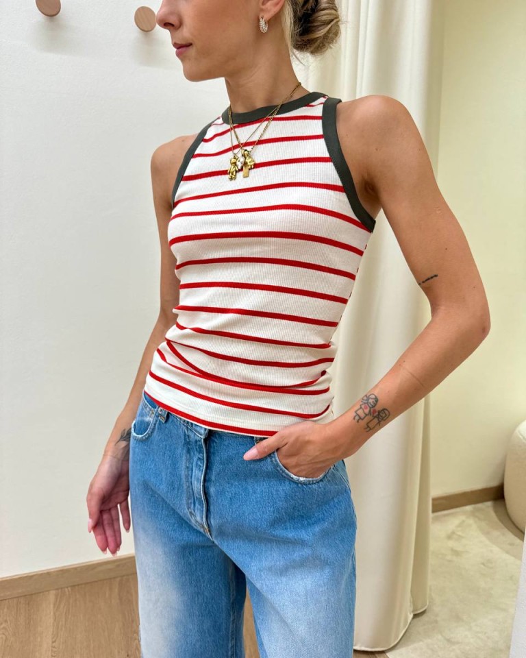 Canotta vogatore panna righe rosso con bordo militare Vicolo Shop Online Canotta vogatore panna righe rosso con bordo militare Vicolo