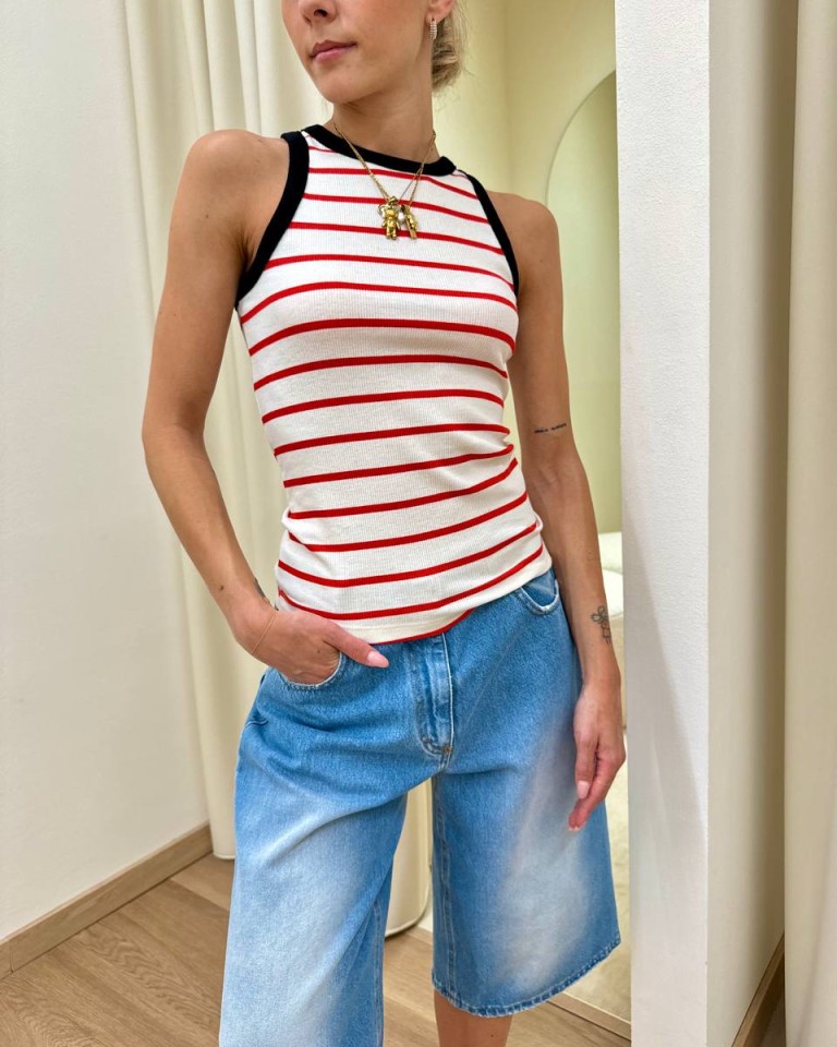 Canotta vogatore panna righe rosse bordo nero Vicolo Shop Online Canotta vogatore panna righe rosse bordo nero Vicolo