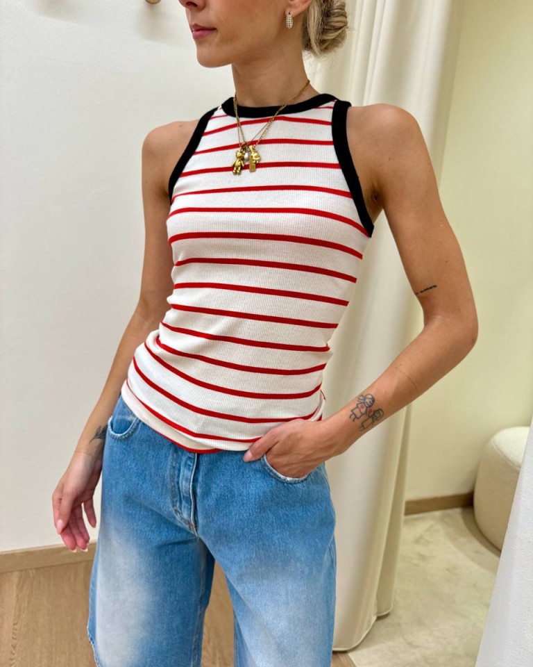 Canotta vogatore panna righe rosse bordo nero Vicolo Shop Online Canotta vogatore panna righe rosse bordo nero Vicolo