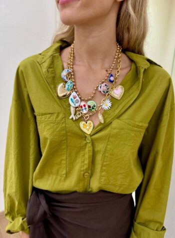 Shop Online Collana doppia catena dorata con charm cuori e pesci