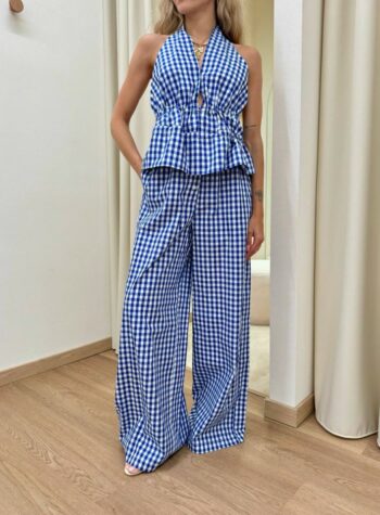 Shop Online Pantalone palazzo Vichy blu e bianco Vicolo