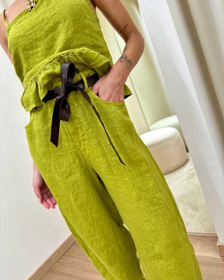 Pantalone barrel verde oliva 100% lino Susy Mix Shop Online Pantalone barrel verde oliva 100% lino Susy Mix