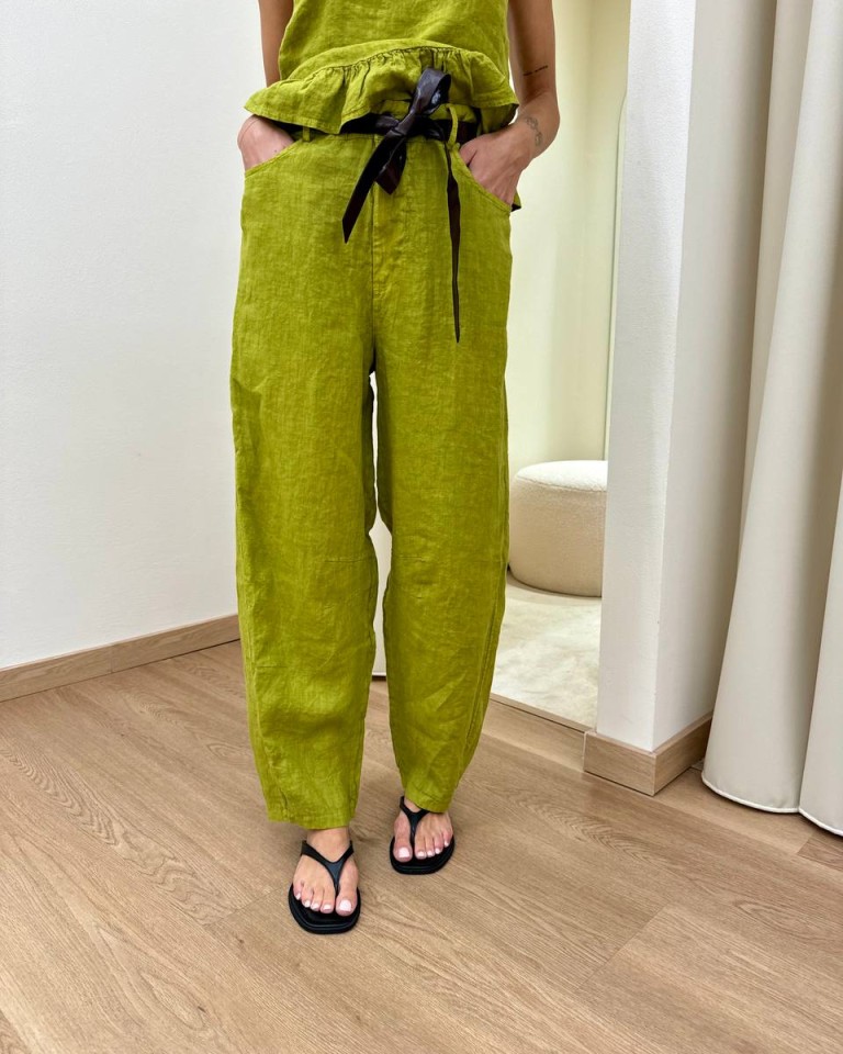 Pantalone barrel verde oliva 100% lino Susy Mix Shop Online Pantalone barrel verde oliva 100% lino Susy Mix