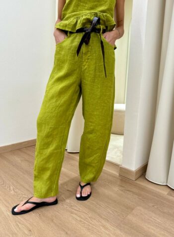 Shop Online Pantalone barrel verde oliva 100% lino Susy Mix