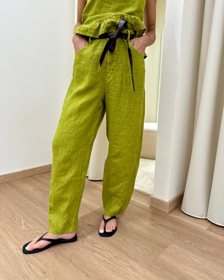 Pantalone barrel verde oliva 100% lino Susy Mix Shop Online Pantalone barrel verde oliva 100% lino Susy Mix