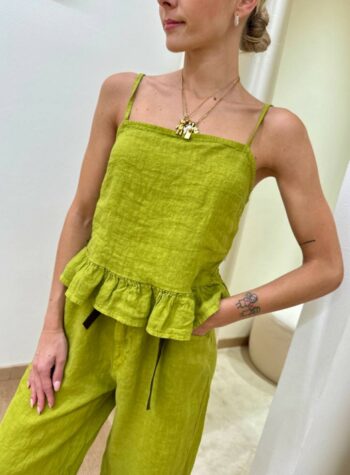 Shop Online Top verde oliva con gala 100% lino Susy Mix