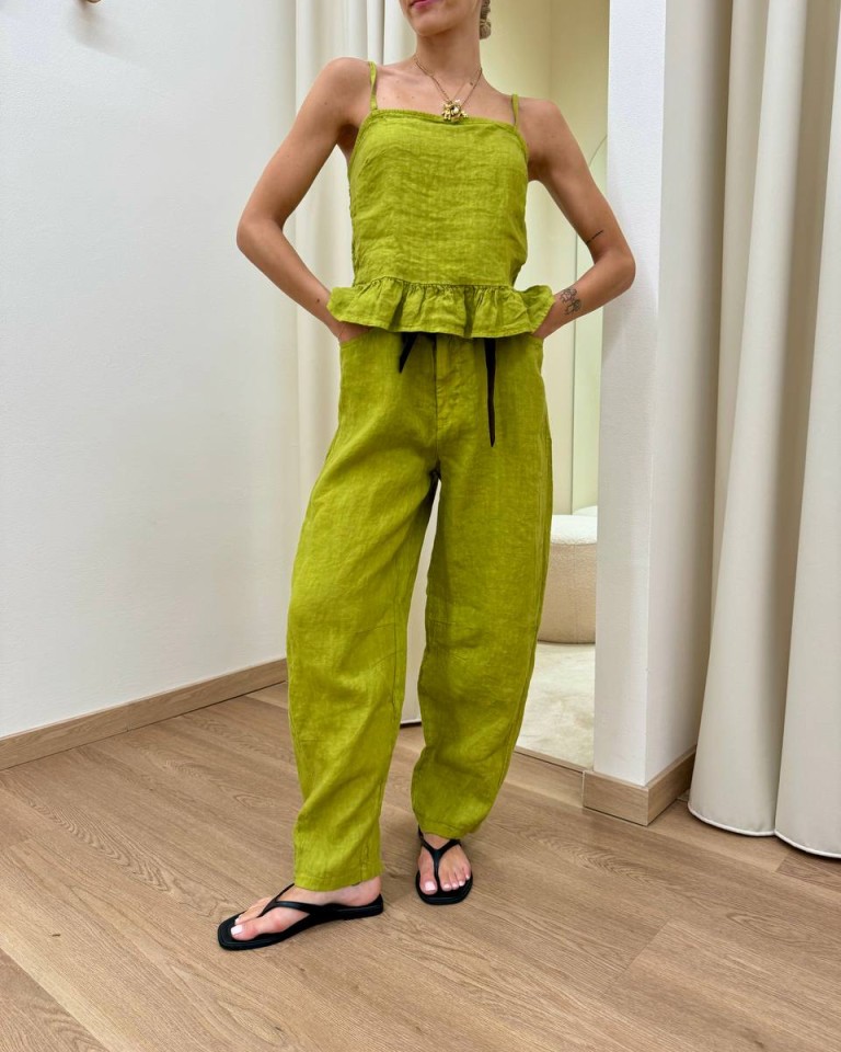 Pantalone barrel verde oliva 100% lino Susy Mix Shop Online Pantalone barrel verde oliva 100% lino Susy Mix