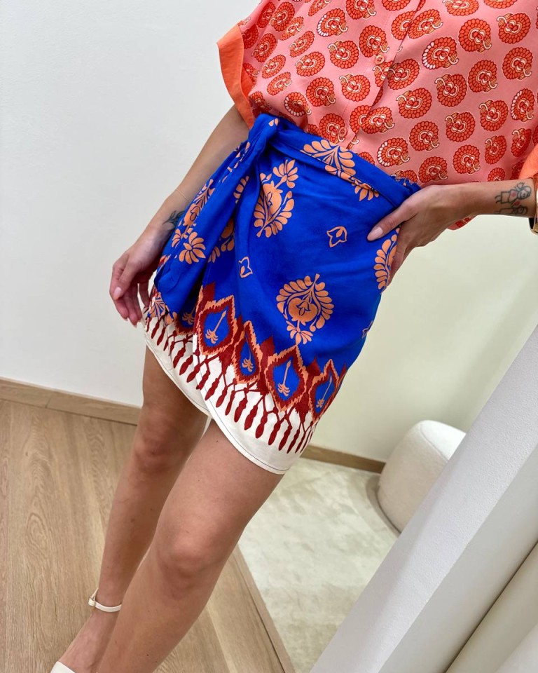 Minigonna pareo fantasia bluette e arancio HaveOne Shop Online Minigonna pareo fantasia bluette e arancio HaveOne