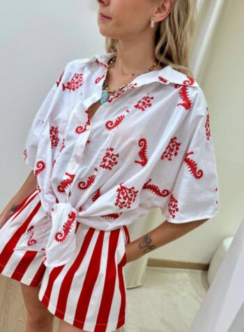 Shop Online Camicia con nodo bianca ricami cavallucci rossi Vicolo