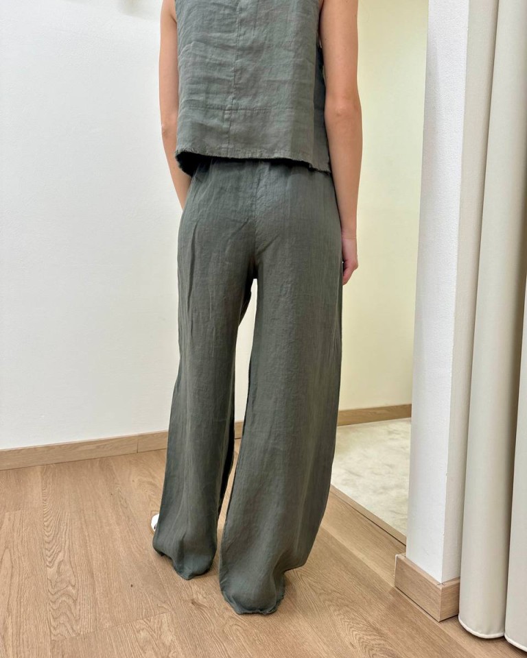 Pantalone verde militare palazzo 100% lino Tensione In Shop Online Pantalone verde militare palazzo 100% lino Tensione In