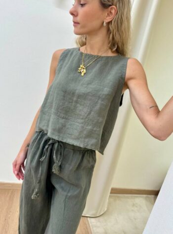 Shop Online Top corto verde militare 100% lino Tensione In