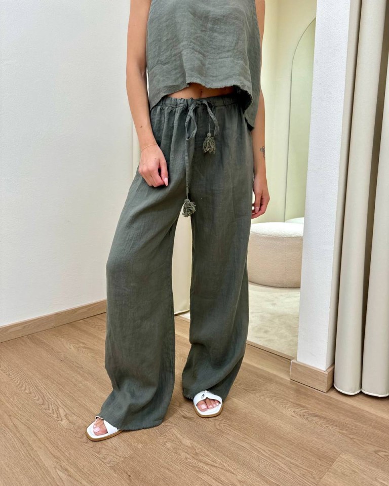 Pantalone verde militare palazzo 100% lino Tensione In Shop Online Pantalone verde militare palazzo 100% lino Tensione In