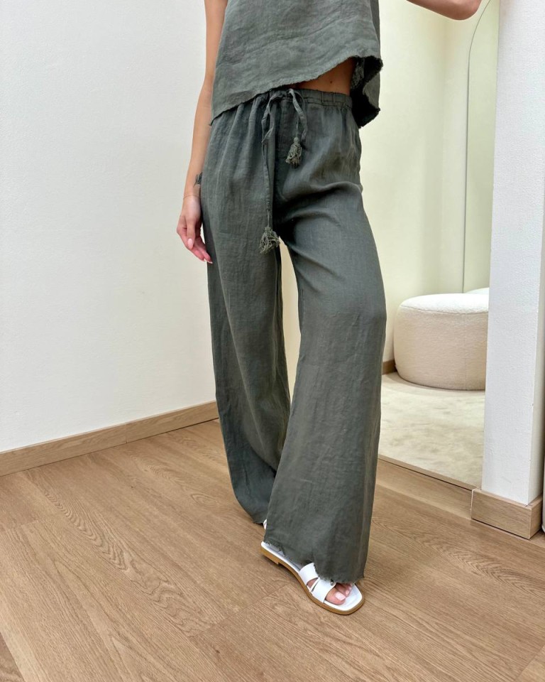 Pantalone verde militare palazzo 100% lino Tensione In Shop Online Pantalone verde militare palazzo 100% lino Tensione In