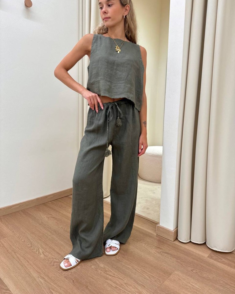 Pantalone verde militare palazzo 100% lino Tensione In Shop Online Pantalone verde militare palazzo 100% lino Tensione In