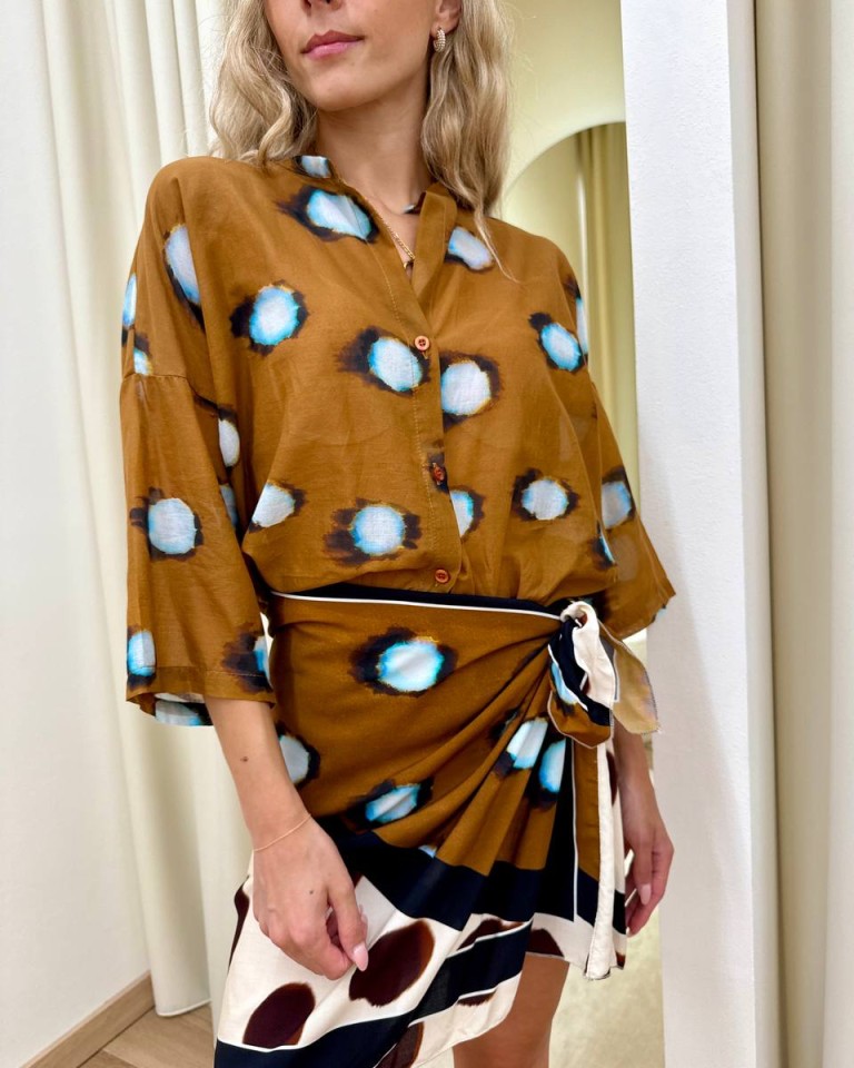 Camicia mussola a pois tabacco e celeste Tensione In Shop Online Camicia mussola a pois tabacco e celeste Tensione In