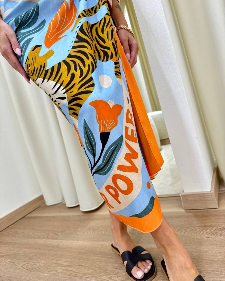 Gonna pareo lunga fantasia tigre celeste e arancio HaveOne Shop Online Gonna pareo lunga fantasia tigre celeste e arancio HaveOne