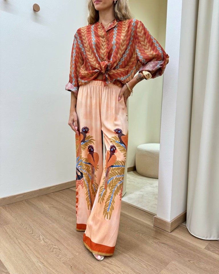 Pantalone fluido cipria fantasia pavoni HaveOne Shop Online Pantalone fluido cipria fantasia pavoni HaveOne