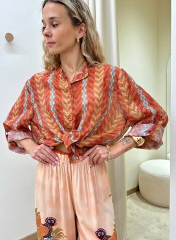 Shop Online Camicia ampia coreana fantasia zigzag arancio e rosso HaveOne