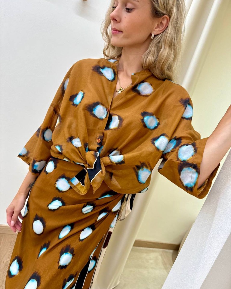 Camicia mussola a pois tabacco e celeste Tensione In Shop Online Camicia mussola a pois tabacco e celeste Tensione In