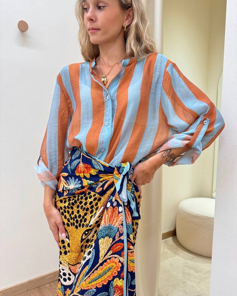 Camicia coreana righe tabacco e celesti HaveOne Shop Online Camicia coreana righe tabacco e celesti HaveOne
