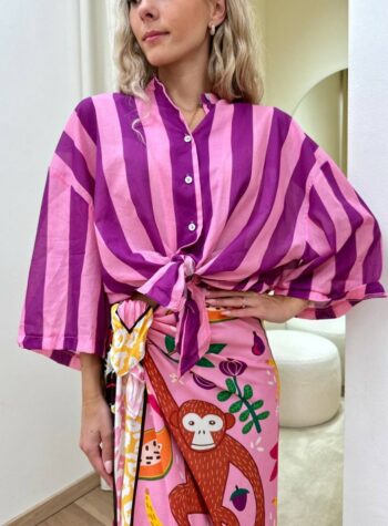 Shop Online Camicia over lunga nodo righe rosa e viola Tensione In