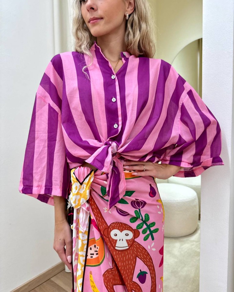 Camicia over lunga nodo righe rosa e viola Tensione In Shop Online Camicia over lunga nodo righe rosa e viola Tensione In
