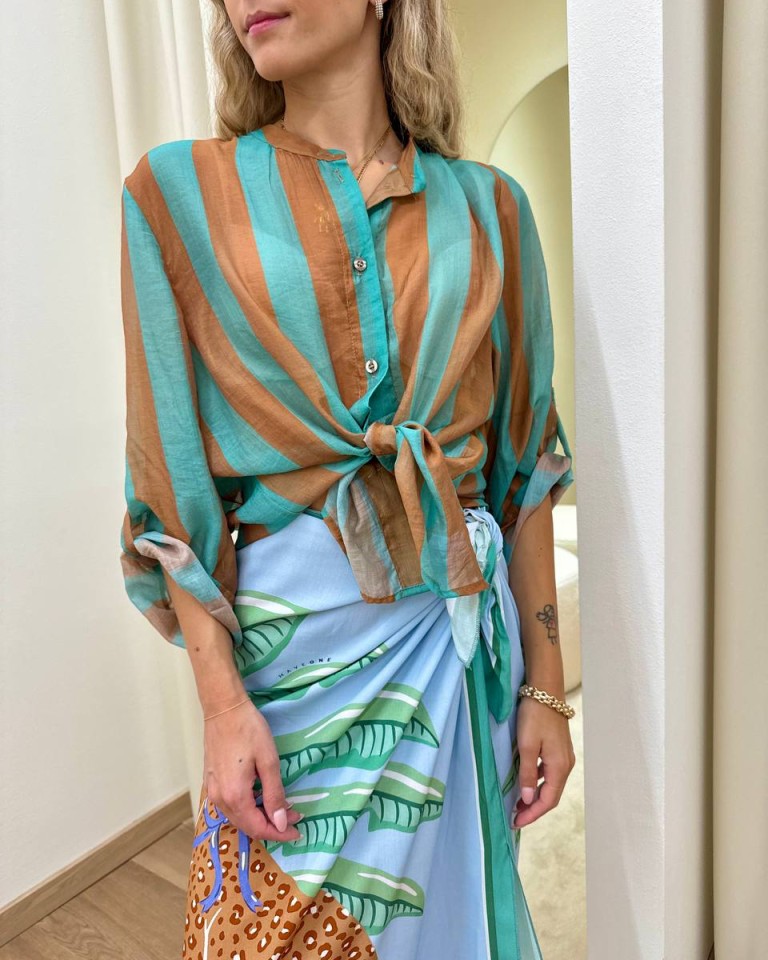 Camicia coreana righe tabacco e turchese HaveOne Shop Online Camicia coreana righe tabacco e turchese HaveOne