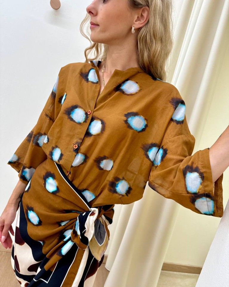 Camicia mussola a pois tabacco e celeste Tensione In Shop Online Camicia mussola a pois tabacco e celeste Tensione In