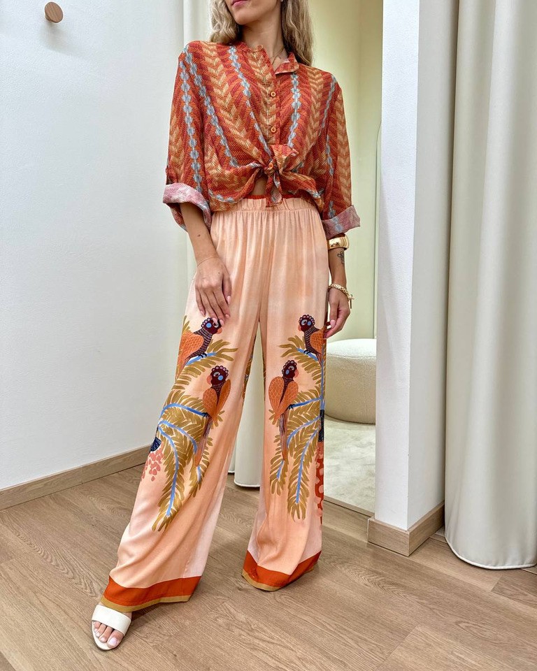 Camicia ampia coreana fantasia zigzag arancio e rosso HaveOne Shop Online Camicia ampia coreana fantasia zigzag arancio e rosso HaveOne