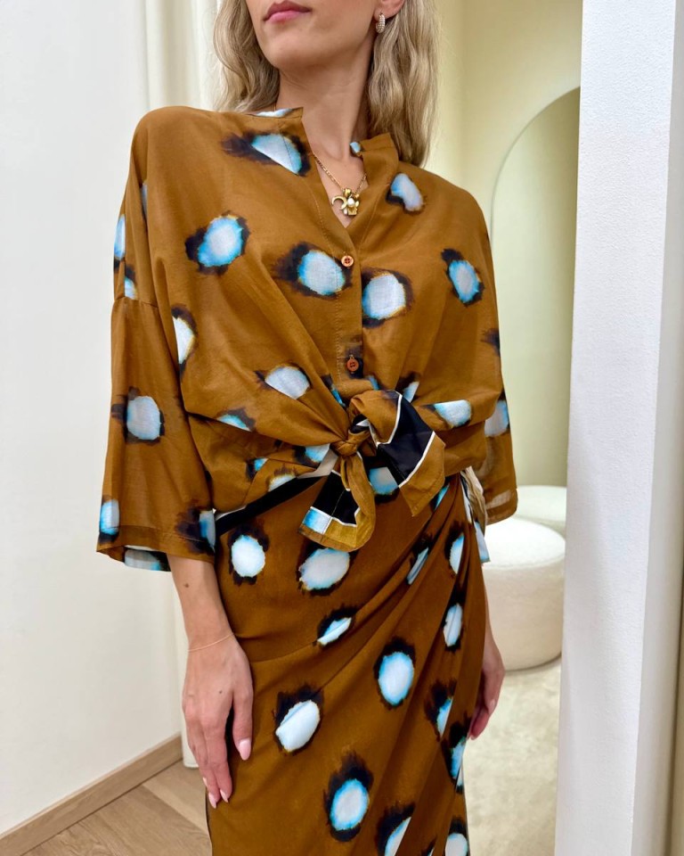 Camicia mussola a pois tabacco e celeste Tensione In Shop Online Camicia mussola a pois tabacco e celeste Tensione In