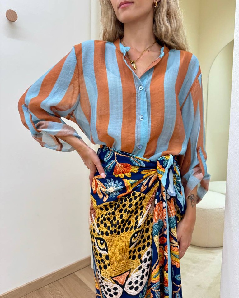 Camicia coreana righe tabacco e celesti HaveOne Shop Online Camicia coreana righe tabacco e celesti HaveOne