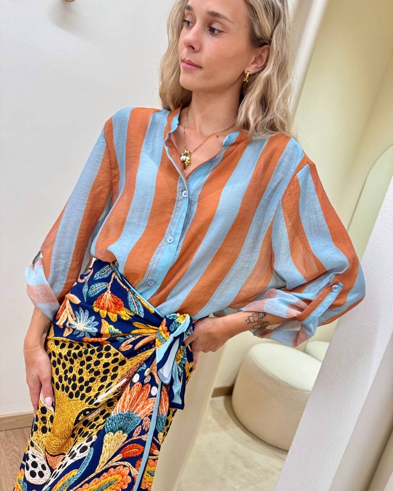 Camicia coreana righe tabacco e celesti HaveOne Shop Online Camicia coreana righe tabacco e celesti HaveOne
