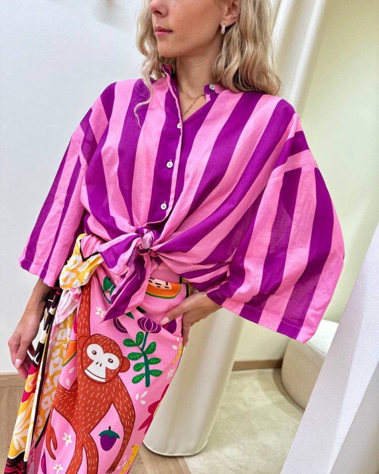 Camicia over lunga nodo righe rosa e viola Tensione In Shop Online Camicia over lunga nodo righe rosa e viola Tensione In