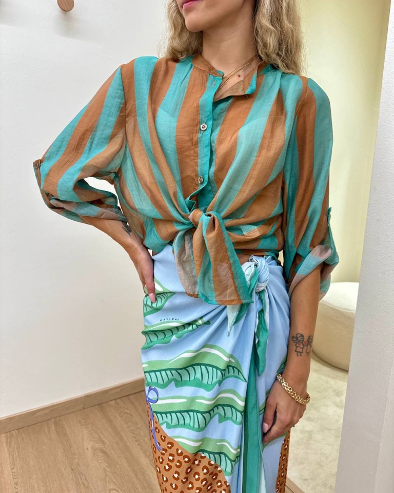 Camicia coreana righe tabacco e turchese HaveOne Shop Online Camicia coreana righe tabacco e turchese HaveOne