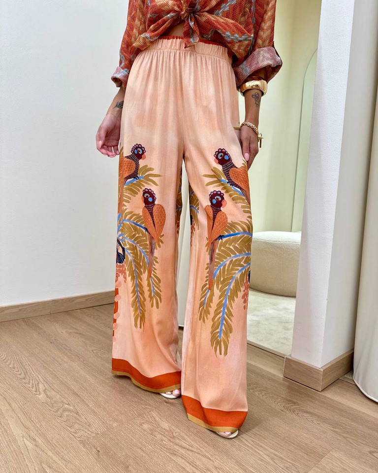 Pantalone fluido cipria fantasia pavoni HaveOne Shop Online Pantalone fluido cipria fantasia pavoni HaveOne