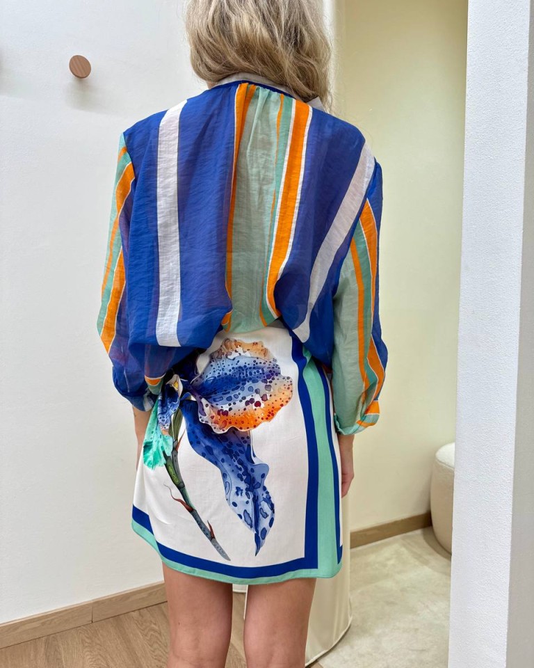 Camicia coreana righe blu turchese e arancio HaveOne Shop Online Camicia coreana righe blu turchese e arancio HaveOne