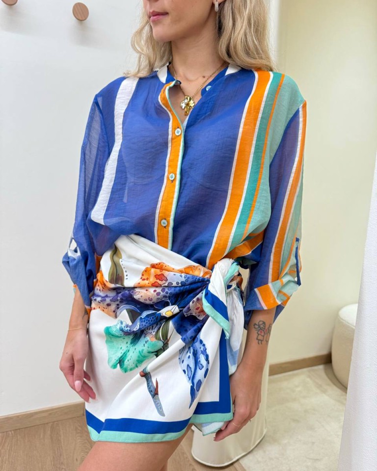 Camicia coreana righe blu turchese e arancio HaveOne Shop Online Camicia coreana righe blu turchese e arancio HaveOne