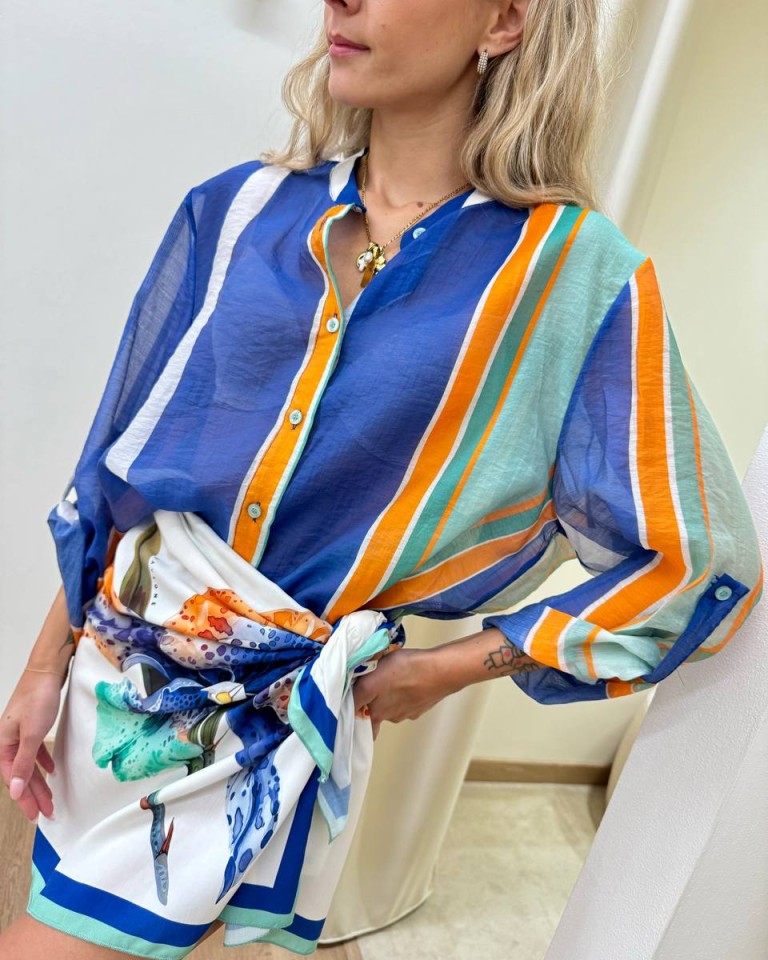 Camicia coreana righe blu turchese e arancio HaveOne Shop Online Camicia coreana righe blu turchese e arancio HaveOne