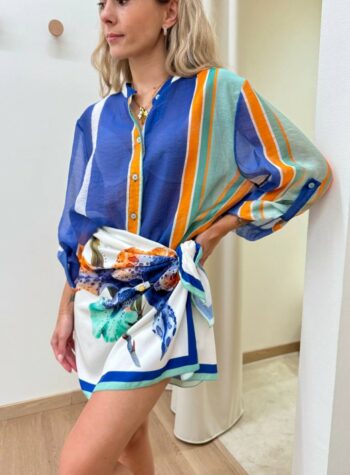 Shop Online Camicia coreana righe blu turchese e arancio HaveOne