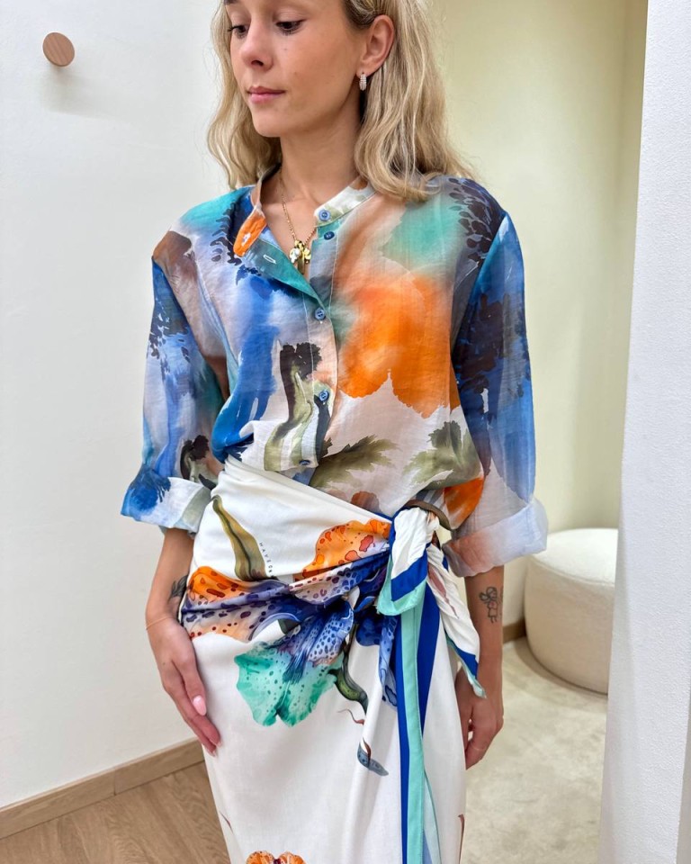 Camicia coreana floreale blu turchese e arancio HaveOne Shop Online Camicia coreana floreale blu turchese e arancio HaveOne