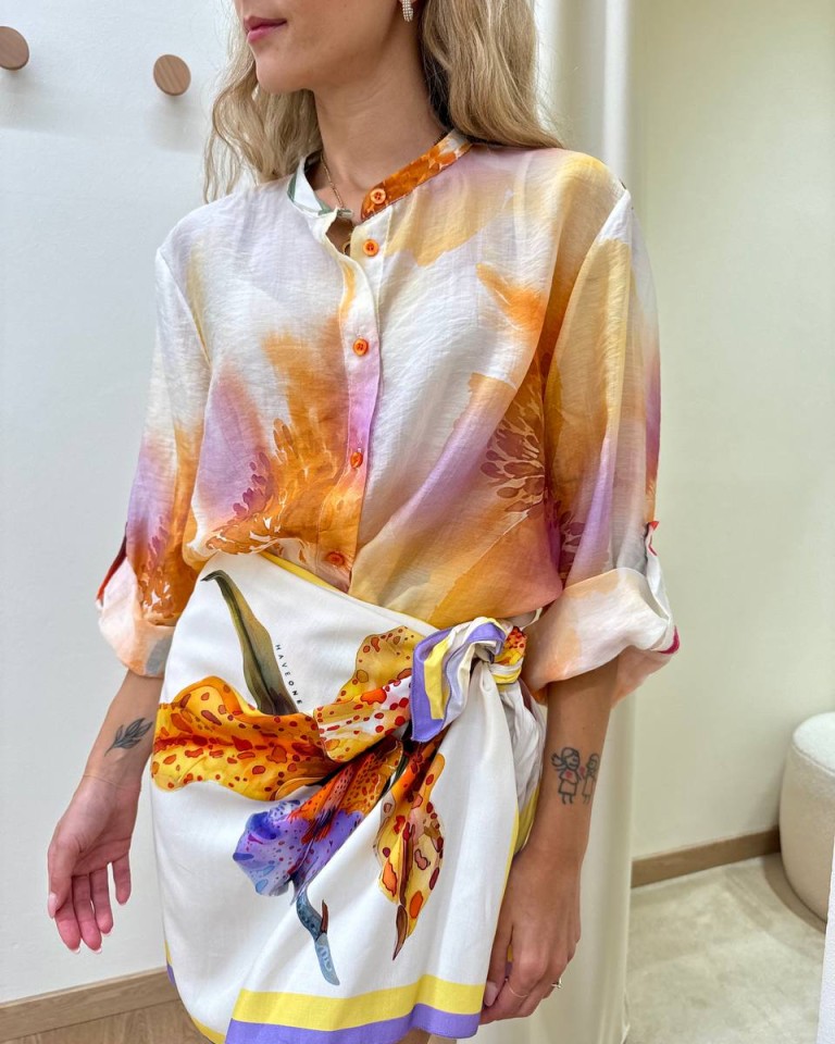 Camicia coreana floreale lilla giallo e arancio HaveOne Shop Online Camicia coreana floreale lilla giallo e arancio HaveOne