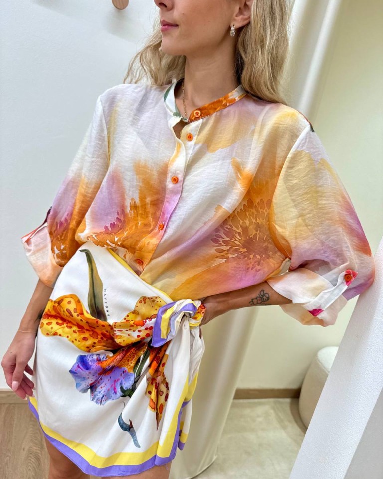 Camicia coreana floreale lilla giallo e arancio HaveOne Shop Online Camicia coreana floreale lilla giallo e arancio HaveOne