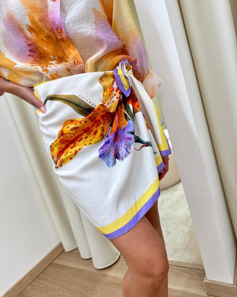 Gonna pareo corta fiore lilla giallo e arancio HaveOne Shop Online Gonna pareo corta fiore lilla giallo e arancio HaveOne