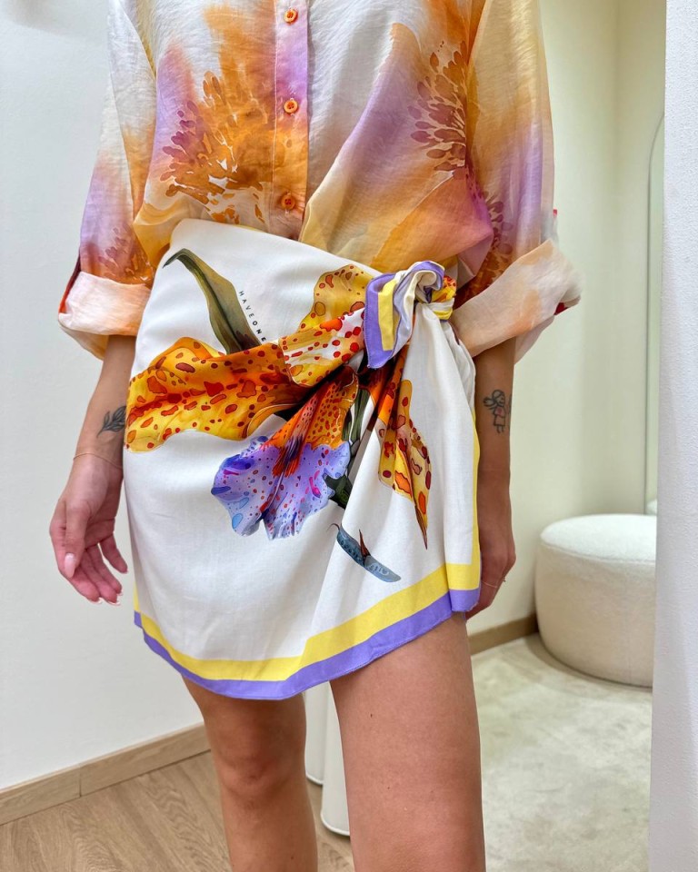 Gonna pareo corta fiore lilla giallo e arancio HaveOne Shop Online Gonna pareo corta fiore lilla giallo e arancio HaveOne