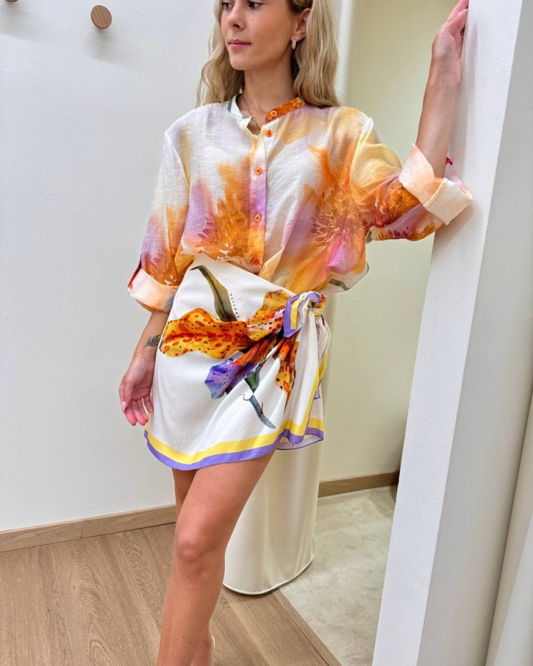 Gonna pareo corta fiore lilla giallo e arancio HaveOne Shop Online Gonna pareo corta fiore lilla giallo e arancio HaveOne