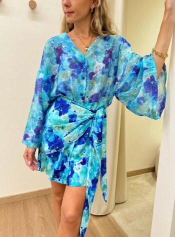 Shop Online Vestito effetto foulard in vita ortensie azzurre Tensione In