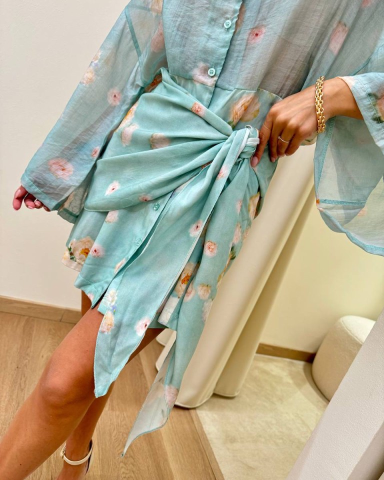 Vestito effetto foulard in vita peonie verde acqua Tensione In Shop Online Vestito effetto foulard in vita peonie verde acqua Tensione In