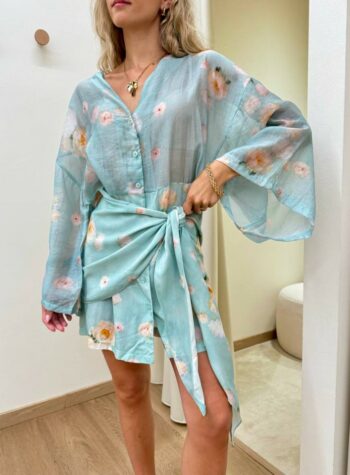 Shop Online Vestito effetto foulard in vita peonie verde acqua Tensione In