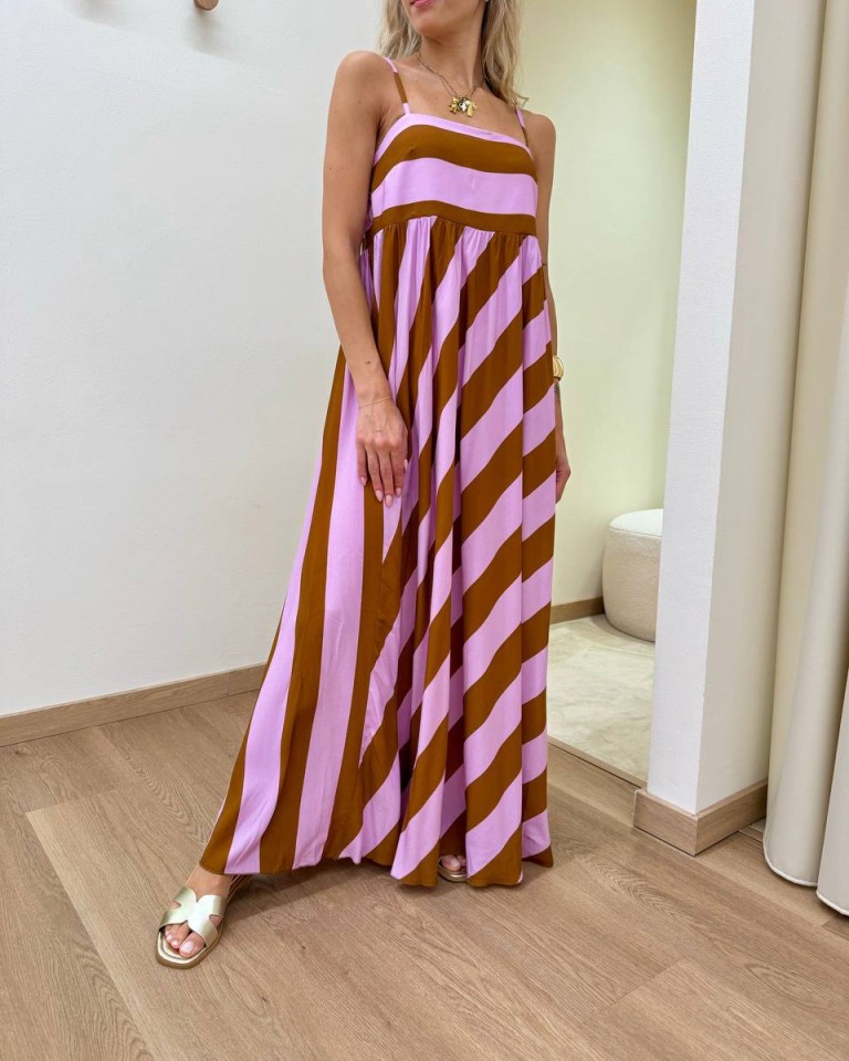 Vestito lungo righe tabacco e lilla Tensione In Shop Online Vestito lungo righe tabacco e lilla Tensione In